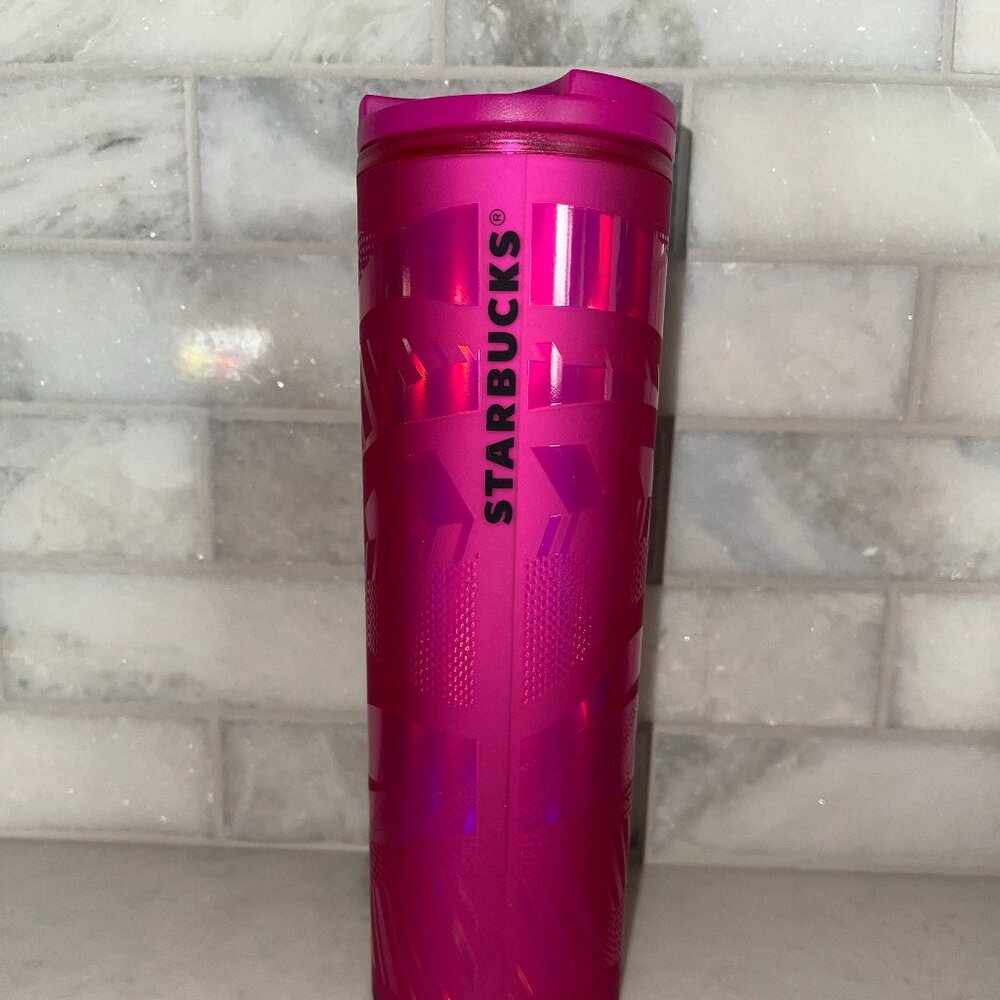 STARBUCKS Iridescent Magenta Purple Grid Slim Tumbler 16oz Swivel Spout